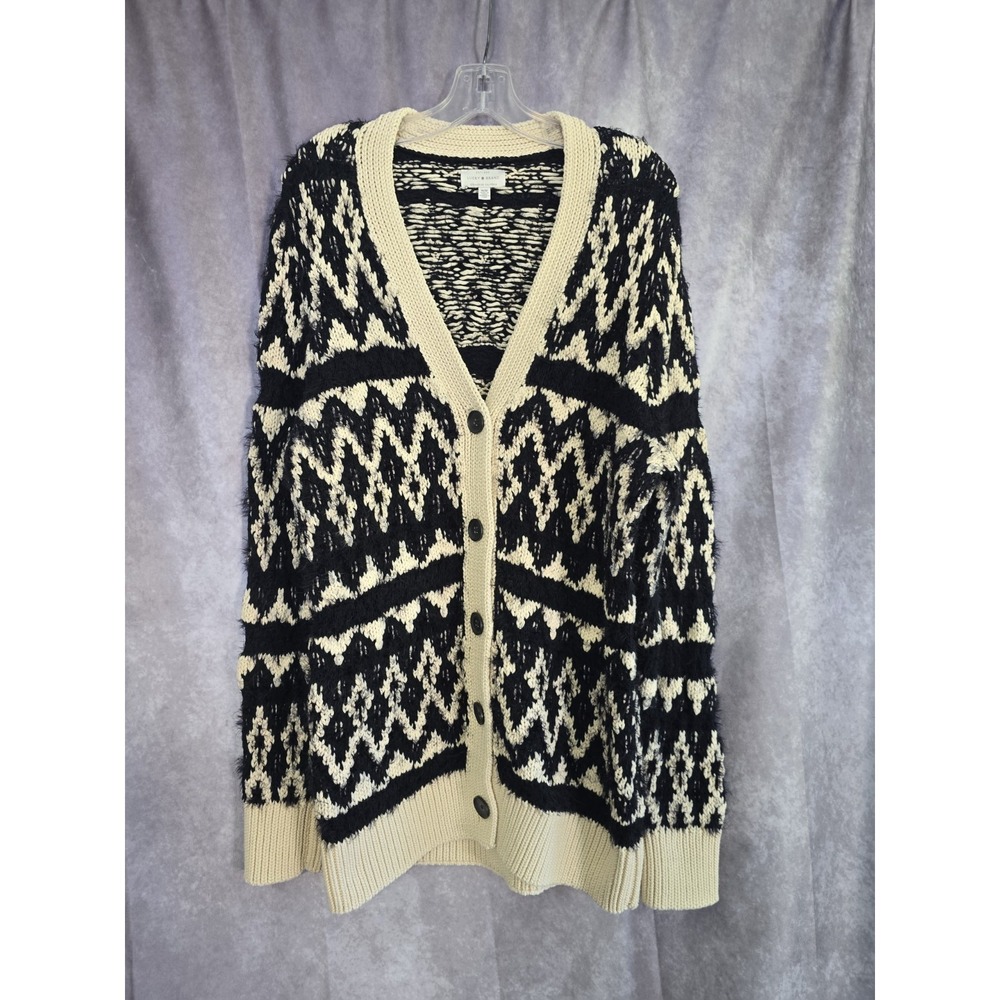 Lucky Brand Diamond Fair Isle Cardigan Size M Natural Multi Black